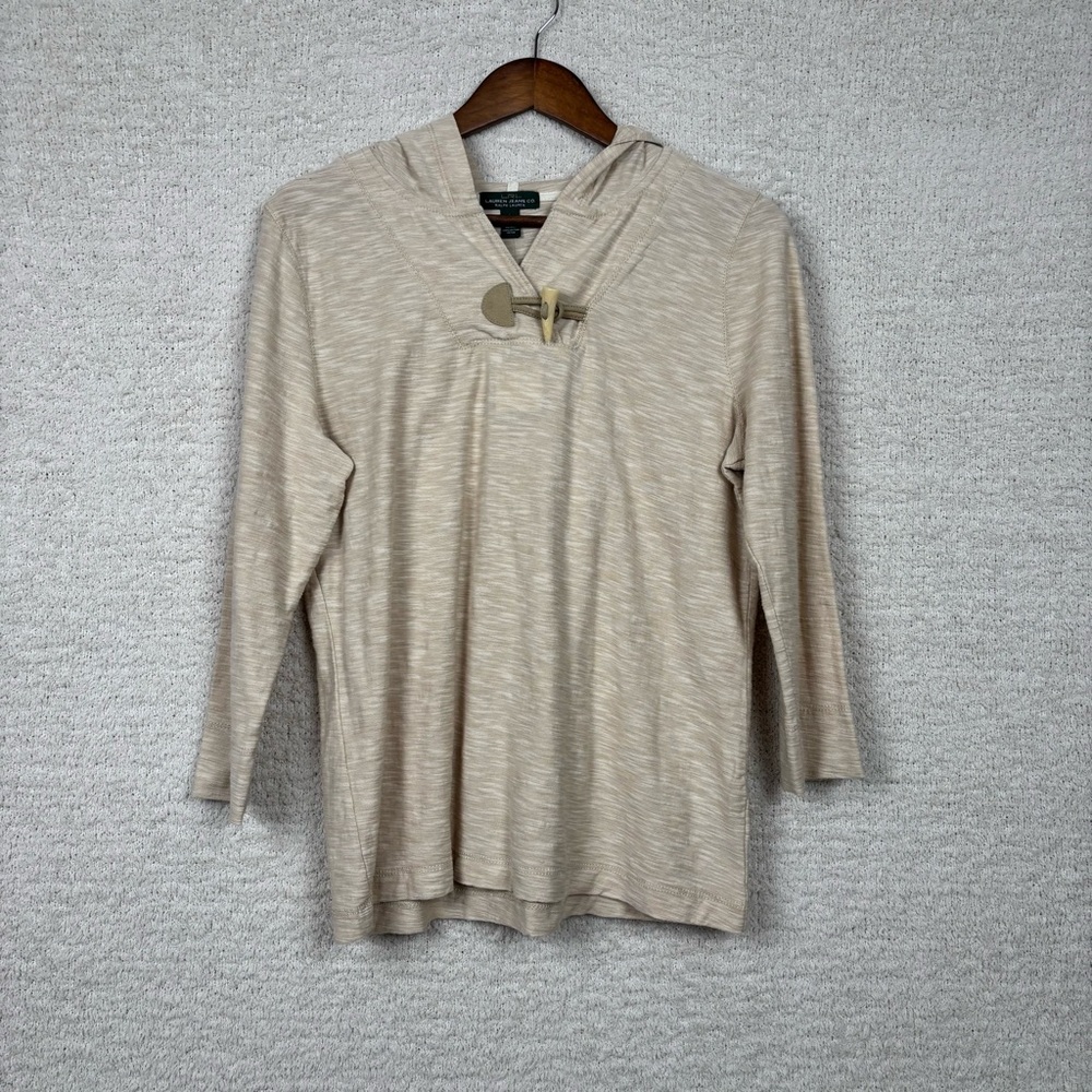 Lauren Ralph Lauren Sweater Womens L Cream Hooded Toggle 100% Cotton 3/4 Sleeve